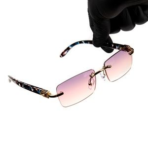 Men's Rimless Gold Frame Red Burgundy Gradient Tint Hip Hop Buffs Sunglasses